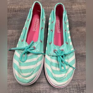 Sperry Top Sider Women's Girls Biscayne 1 Eye Boat Shoes Size 4.5 Teal Striped